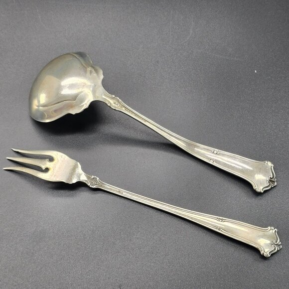 Vintage Wallace Sterling Silver Round Bowl Soup Spoon + Pickle Olive Fork CT36F - Picture 9 of 10